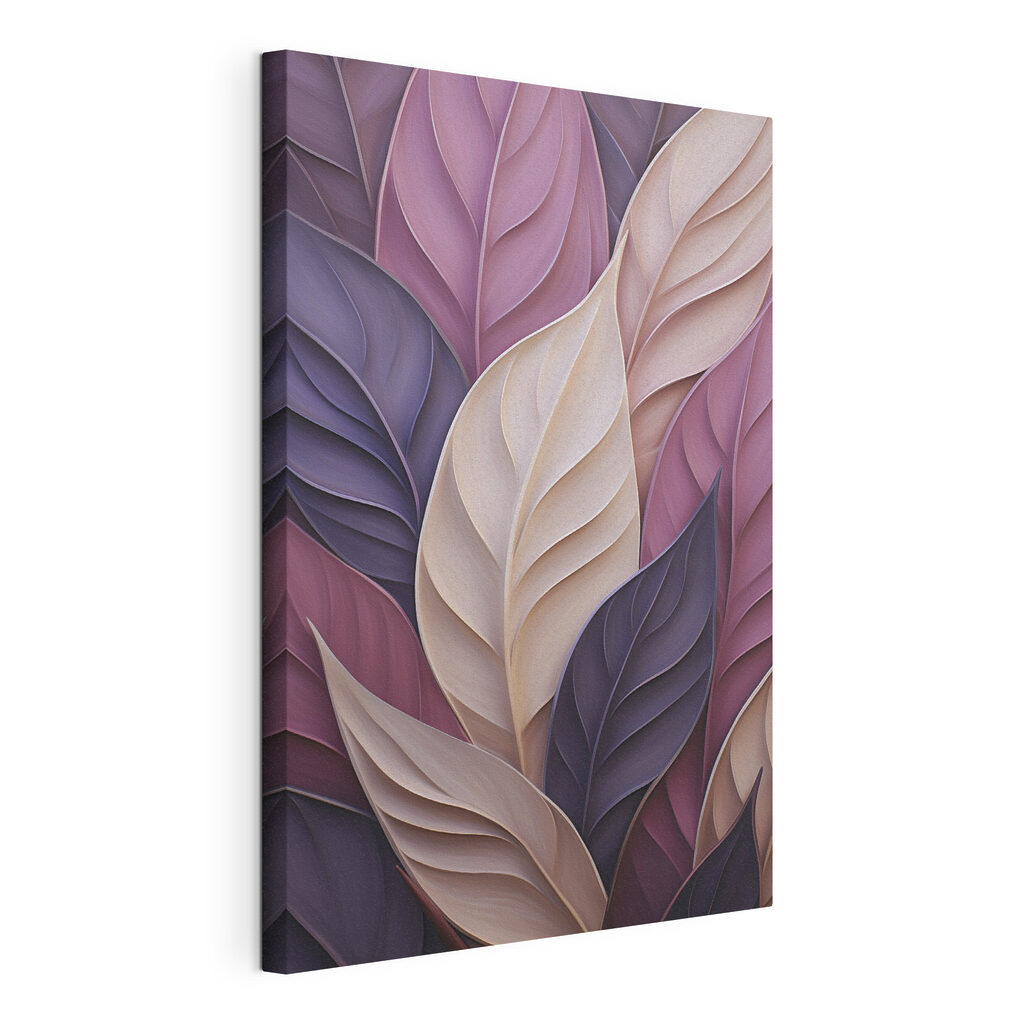 Feuilles violettes et crème, toile tendue et bord enveloppé