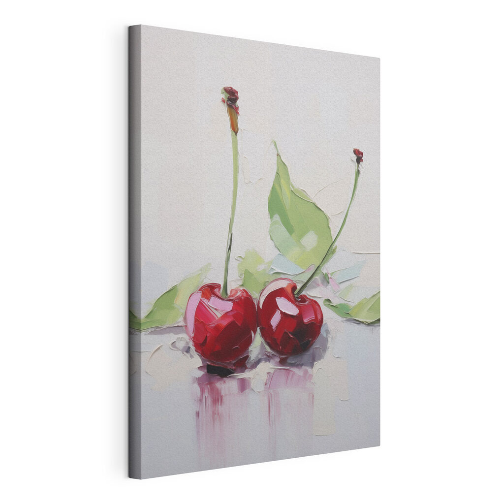 Deux cerises et feuilles, toile tendue et bord enveloppé