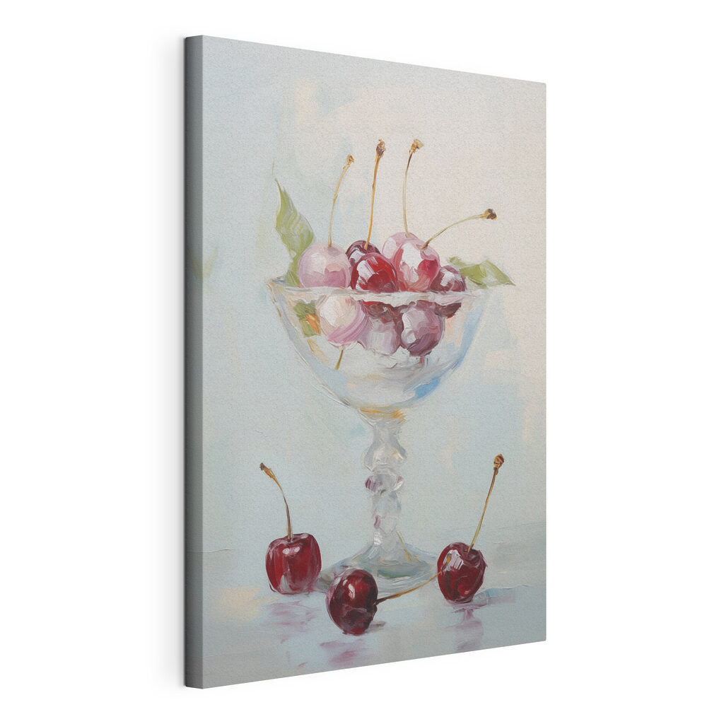 Cerises en coupe, toile tendue et bord enveloppé