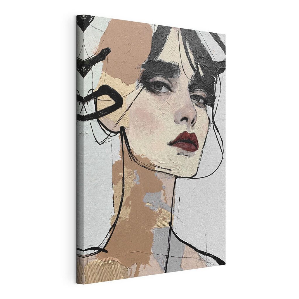 Regard féminin esquissé, toile tendue et bord enveloppé