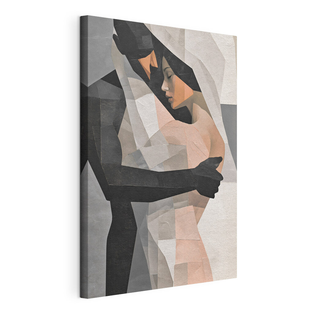 Couple enlacé en facettes, toile tendue et bord enveloppé