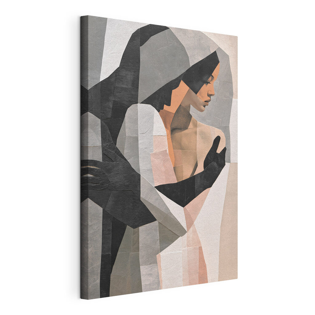Femme en aplats gris, toile tendue et bord enveloppé