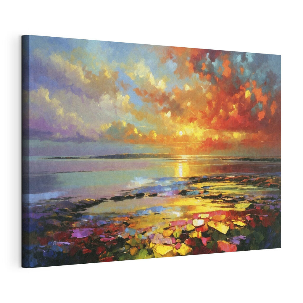 Nénuphars au soleil couchant, toile tendue et bord enveloppé