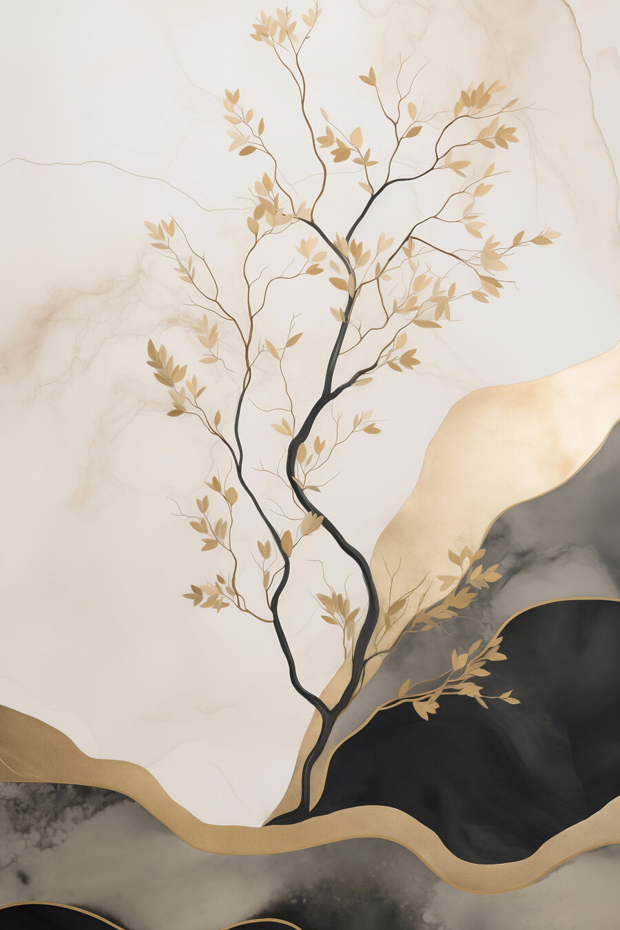 Arbre entre collines noires — motif complet