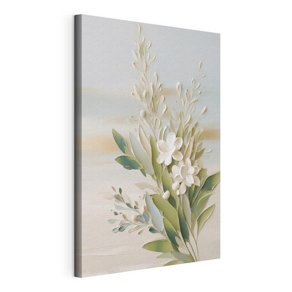 Fleurs blanches et olivier, toile tendue et bord enveloppé