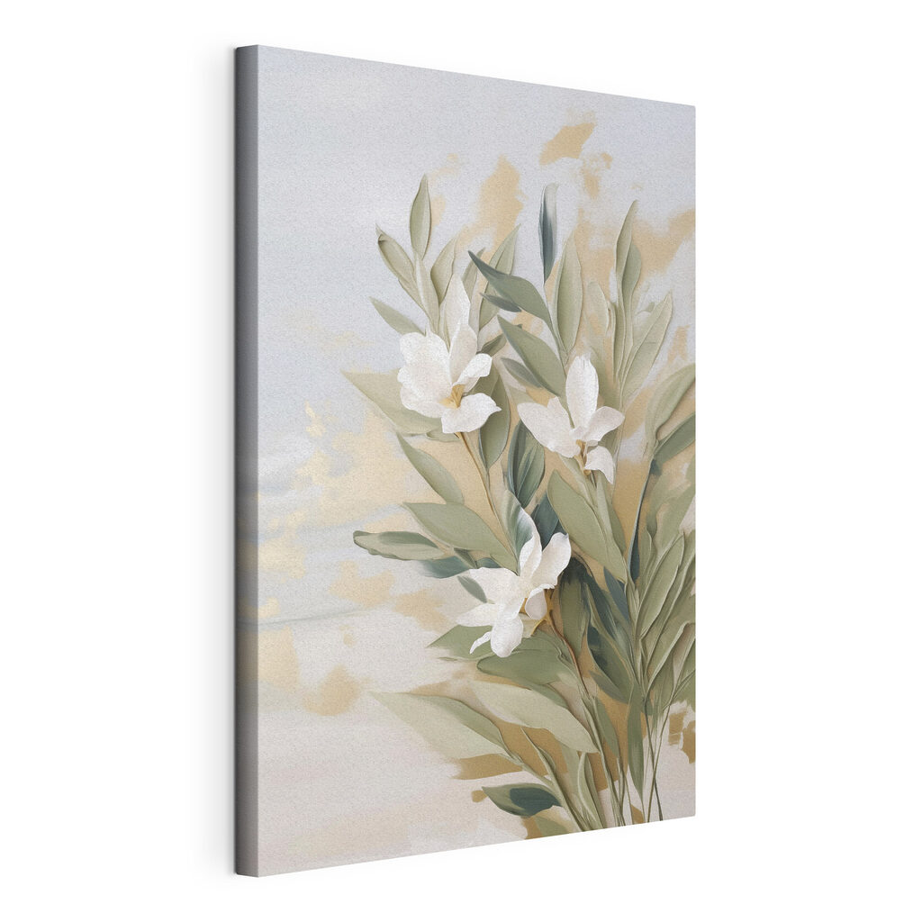 Rameaux fleuris en sourdine, toile tendue et bord enveloppé