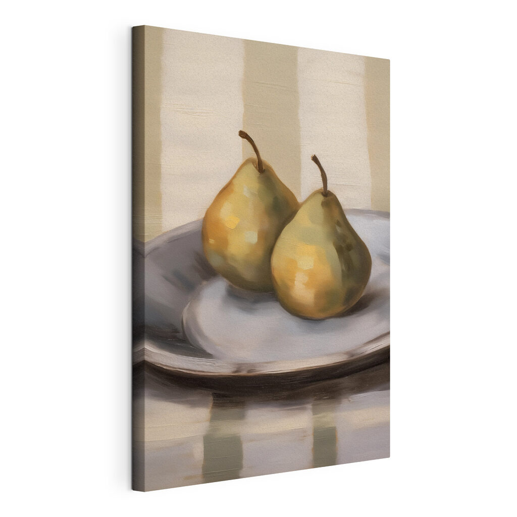Deux poires et rayures, toile tendue et bord enveloppé