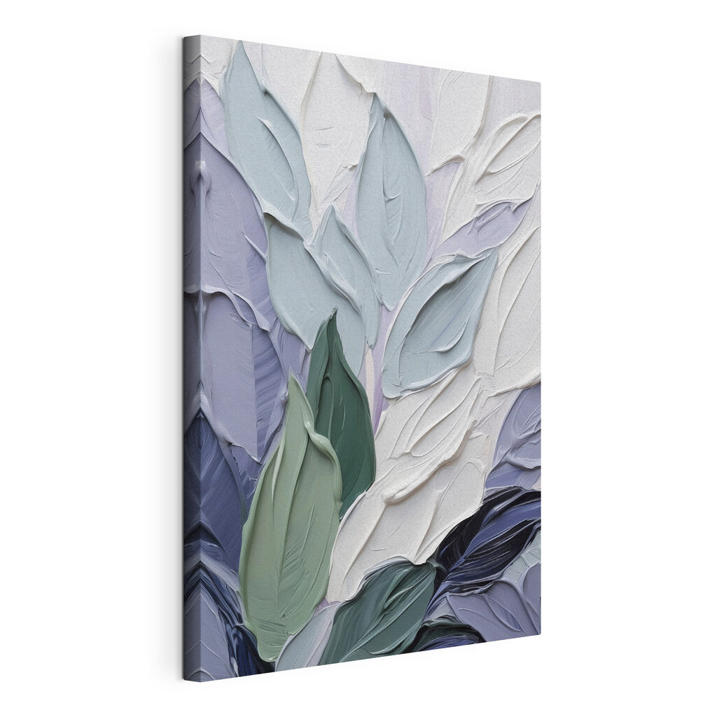 Feuilles en bleu-vert, toile tendue et bord enveloppé