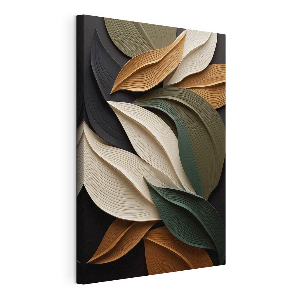 Feuilles plissées sur noir, toile tendue et bord enveloppé