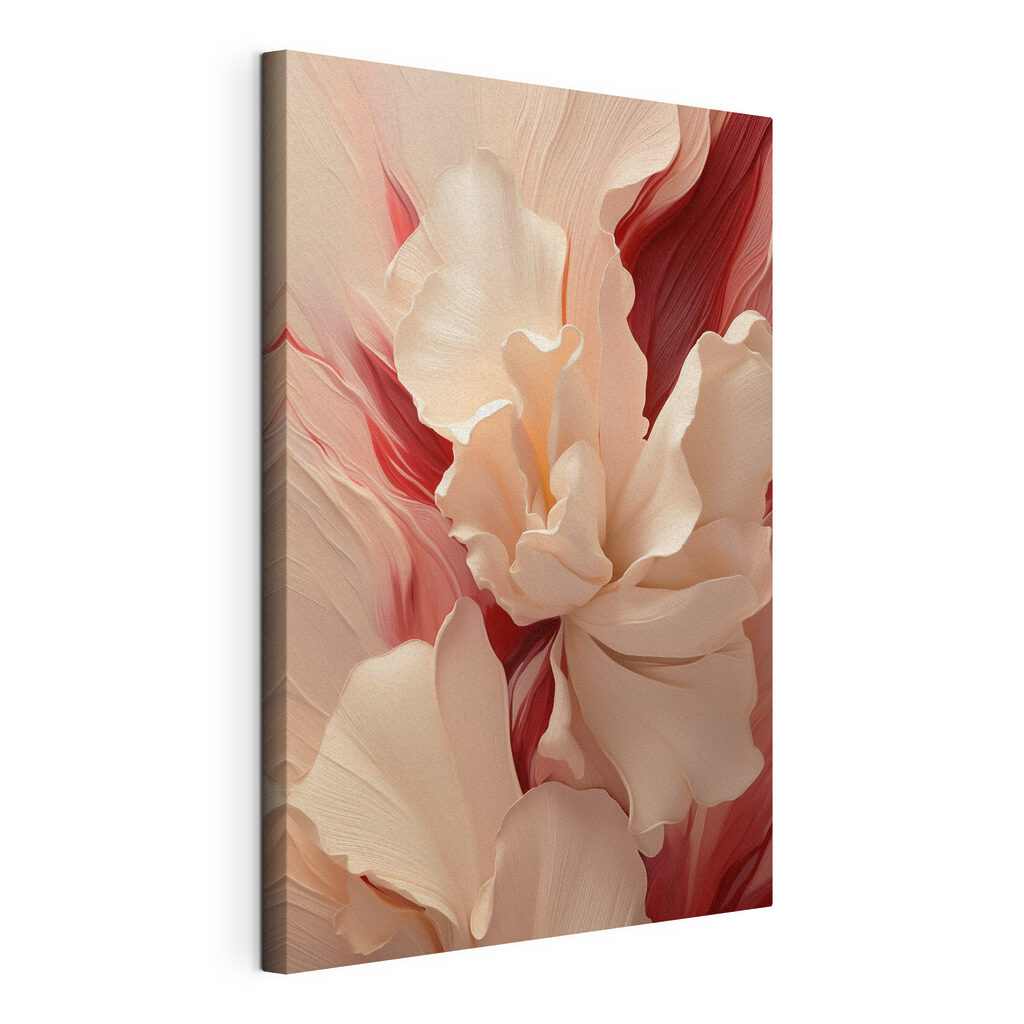 Fleurs sur rouge profond, toile tendue et bord enveloppé