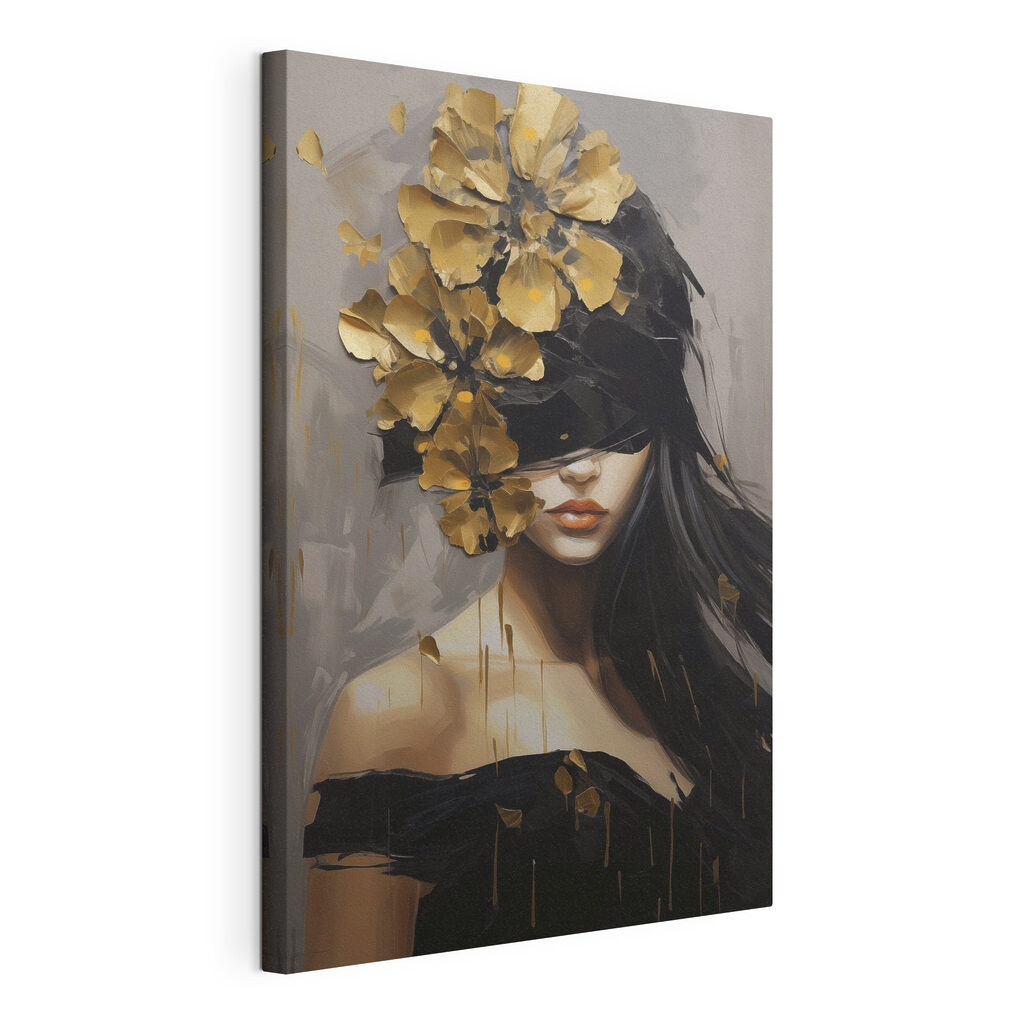Visage aux fleurs d’or, toile tendue et bord enveloppé