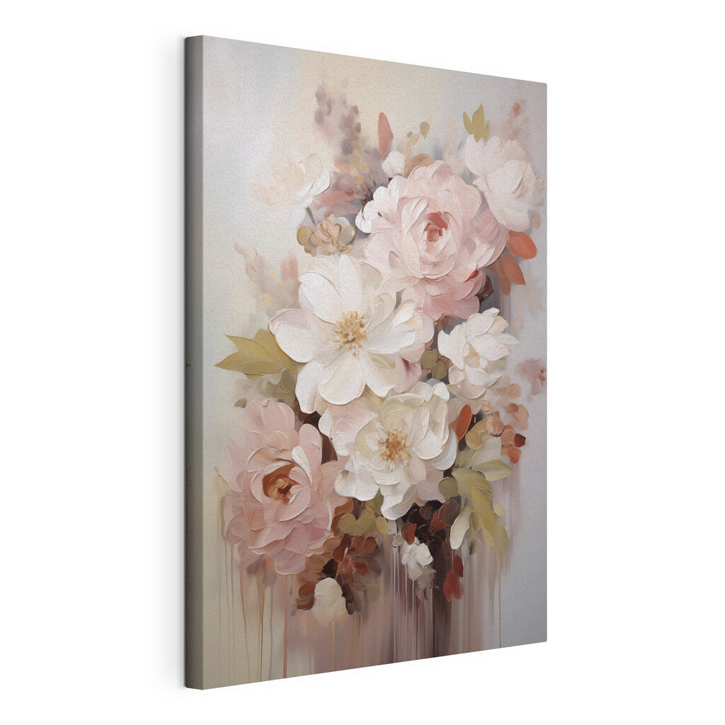 Roses et fleurs blanches, toile tendue et bord enveloppé