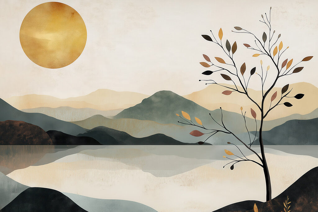 Arbre et montagnes reflétées — motif complet