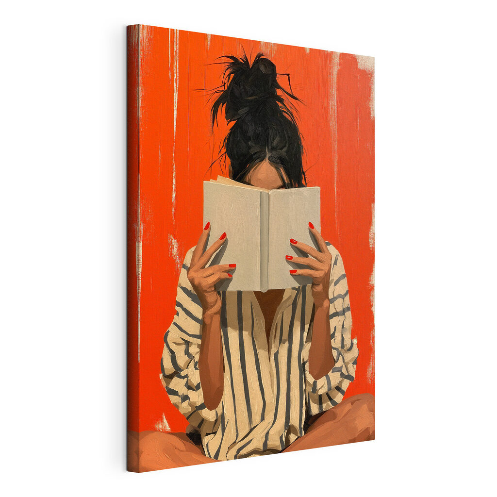 Lectrice sur fond orange, toile tendue et bord enveloppé