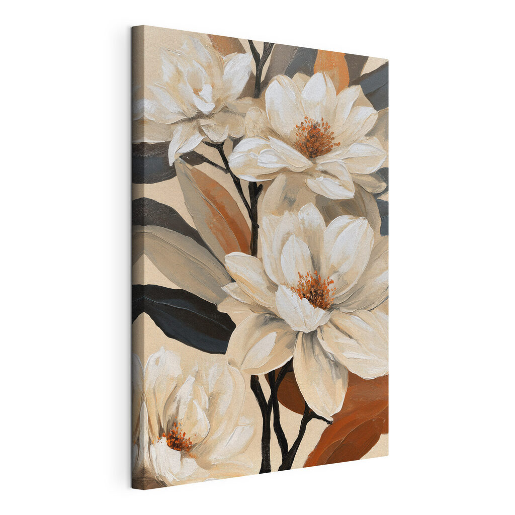 Fleurs blanches, branches sombres, toile tendue et bord enveloppé