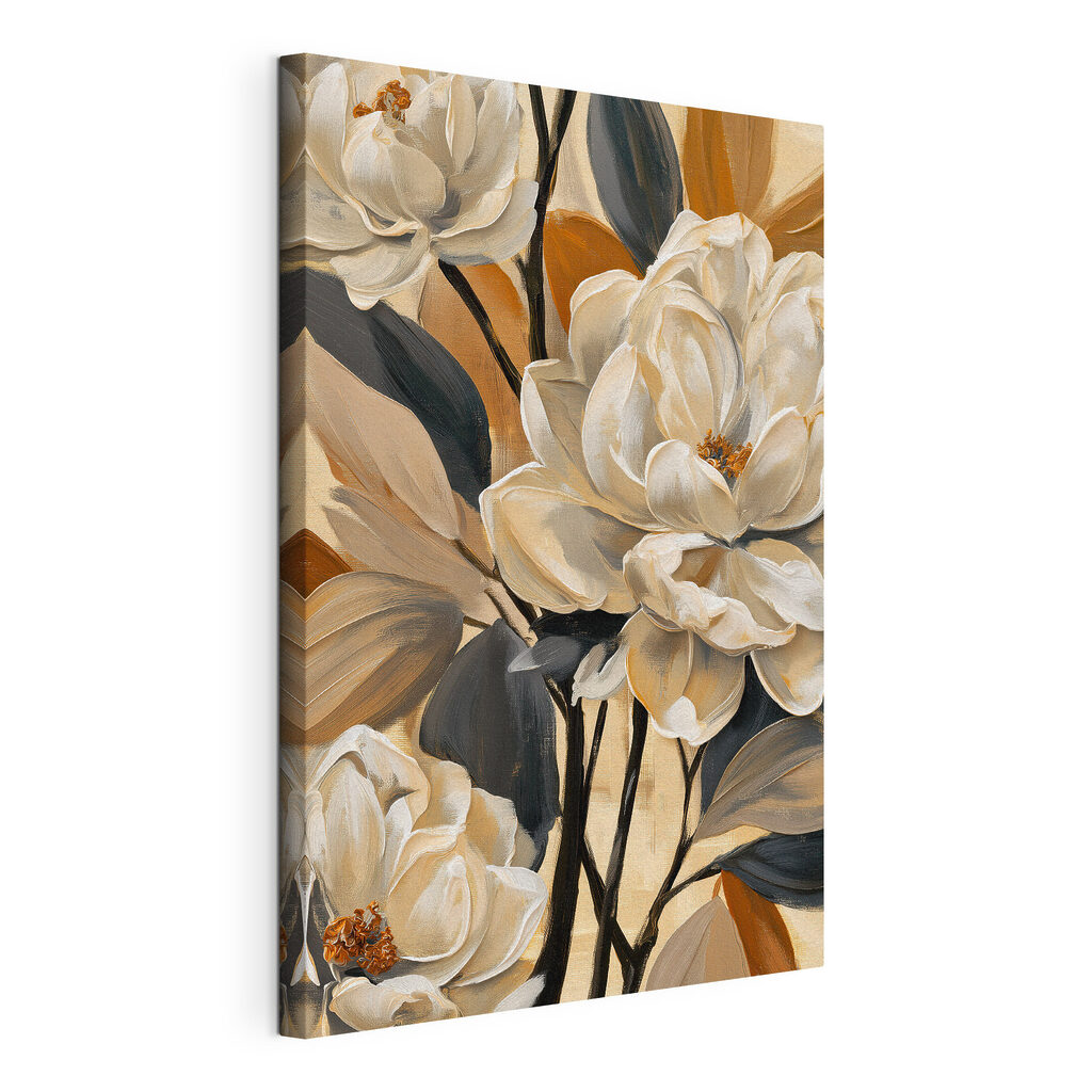 Fleurs sur aplats sombres, toile tendue et bord enveloppé
