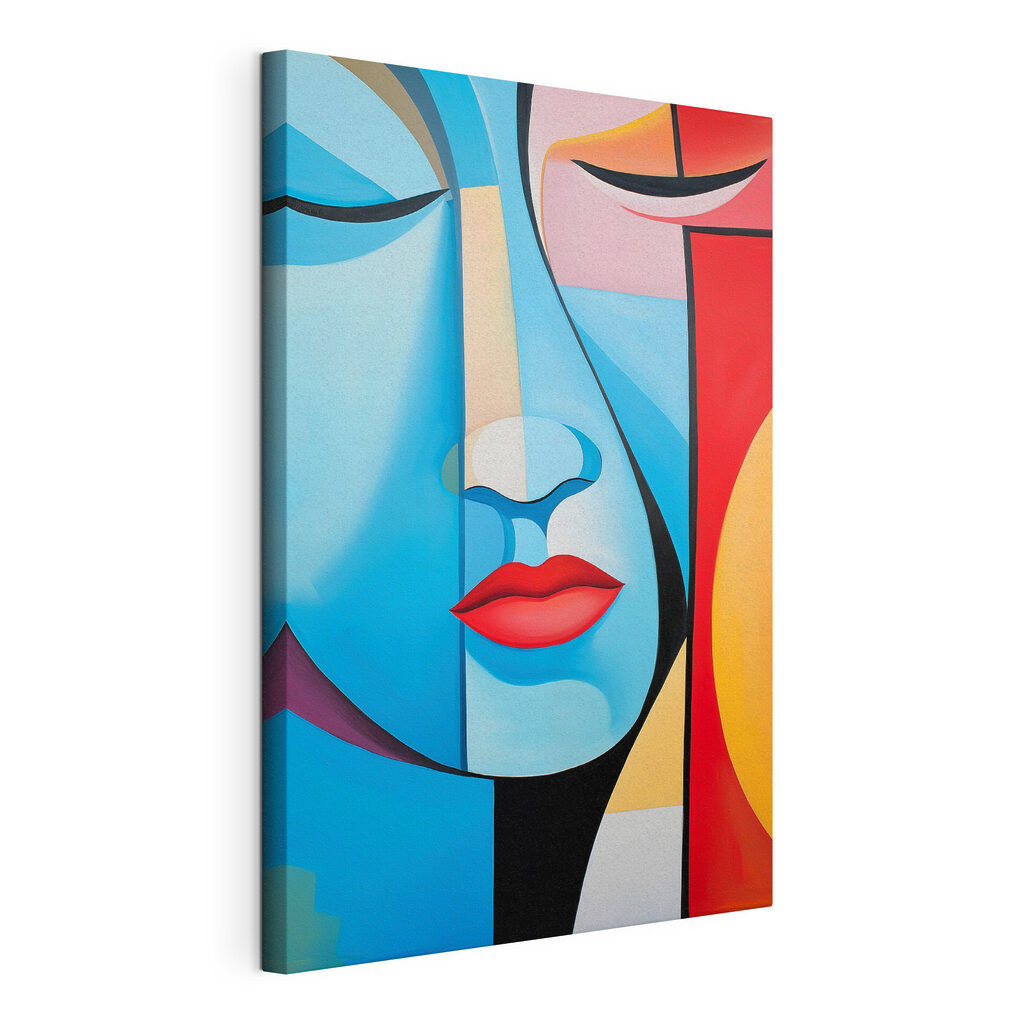 Visage bleu, lèvres rouges, toile tendue et bord enveloppé