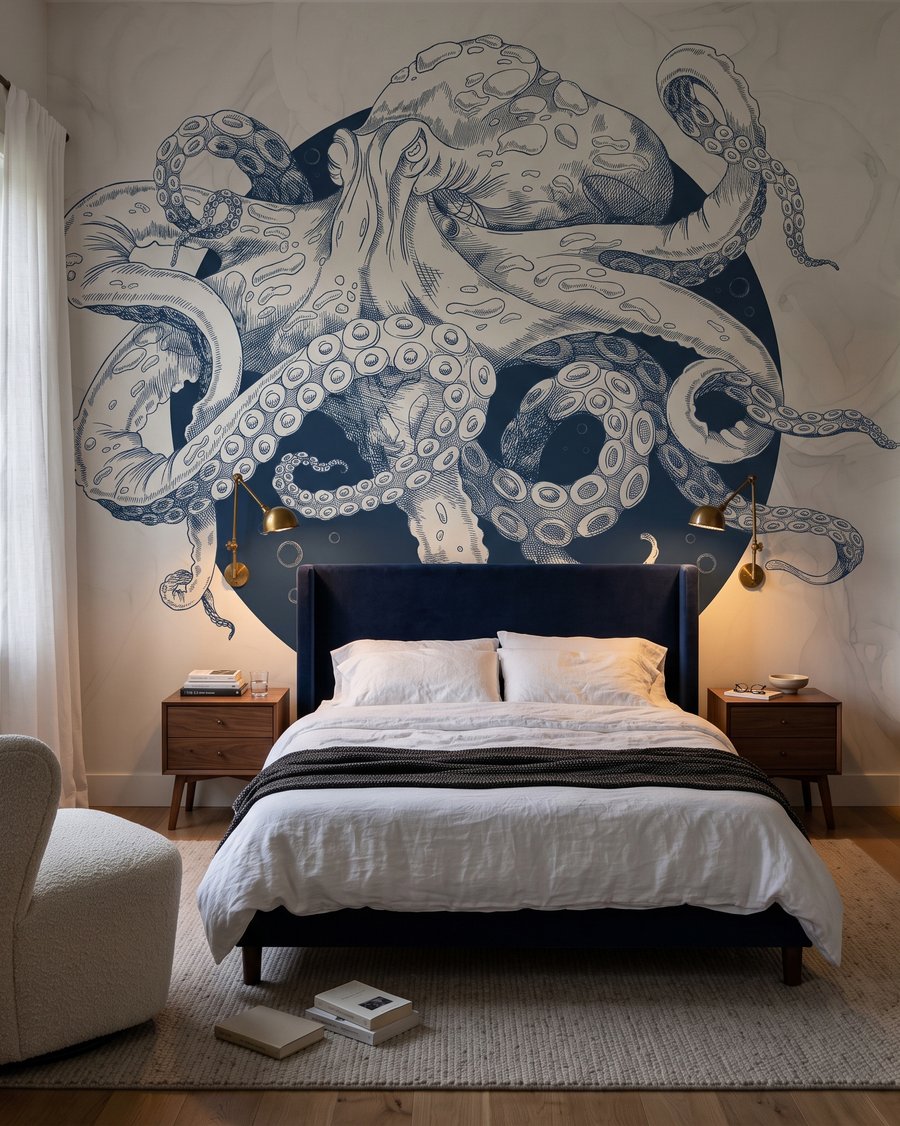 Pieuvre tout en volutes dans un intérieur