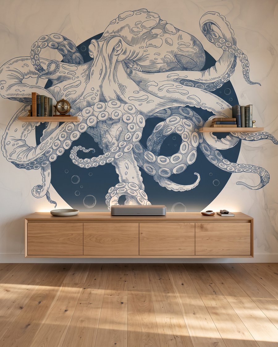 Pieuvre tout en volutes dans un intérieur