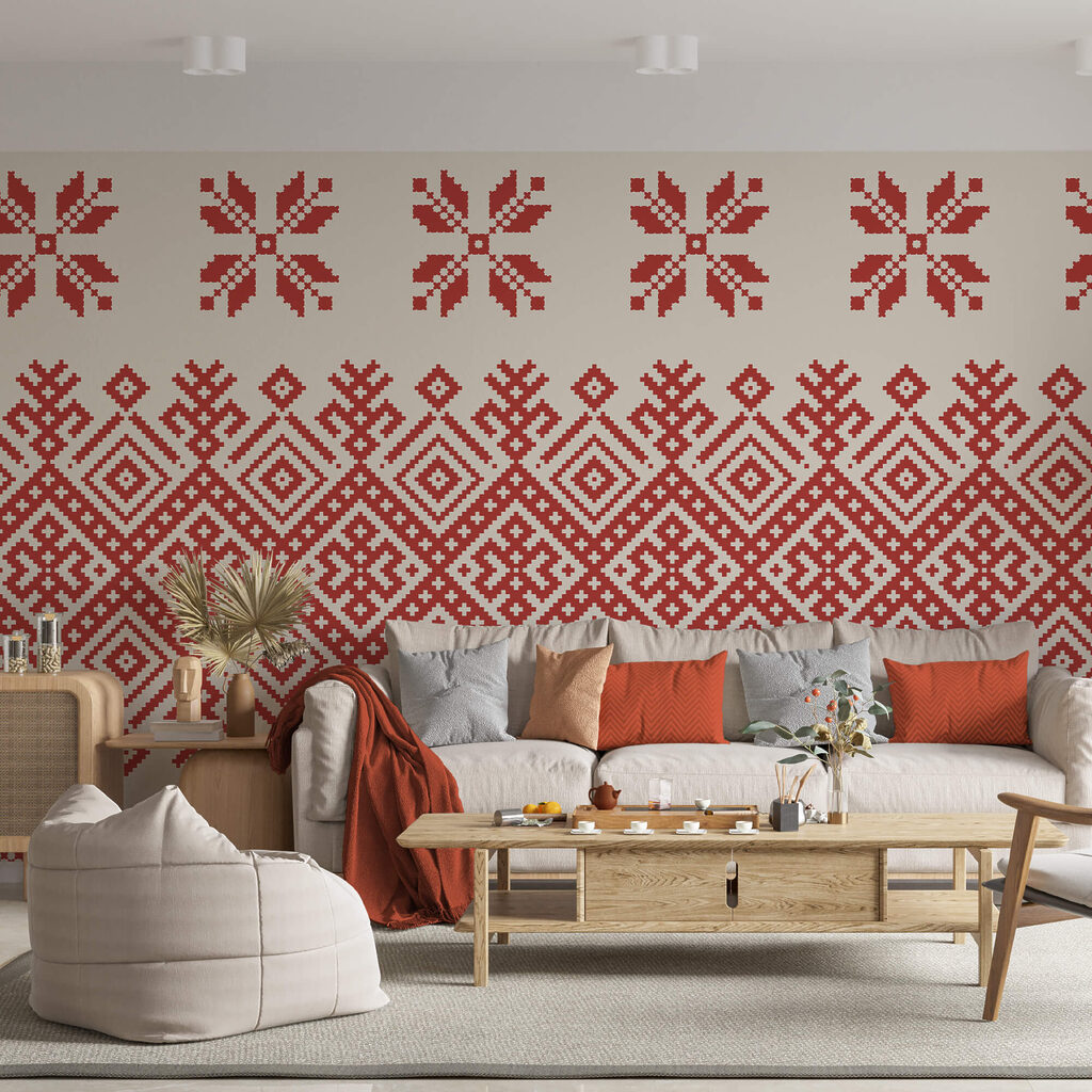 Frise géométrique et fleurettes dans un intérieur