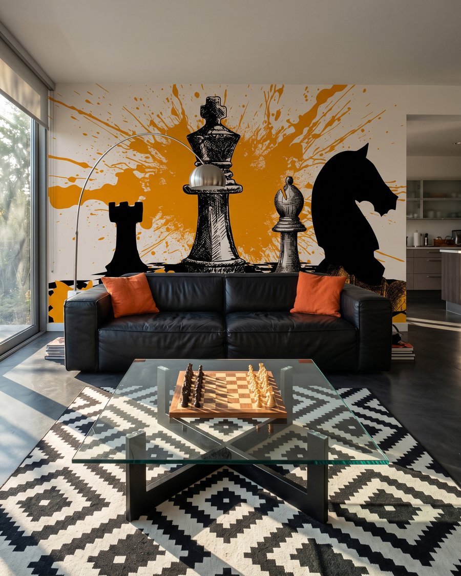 Échecs et éclaboussures jaunes dans un intérieur