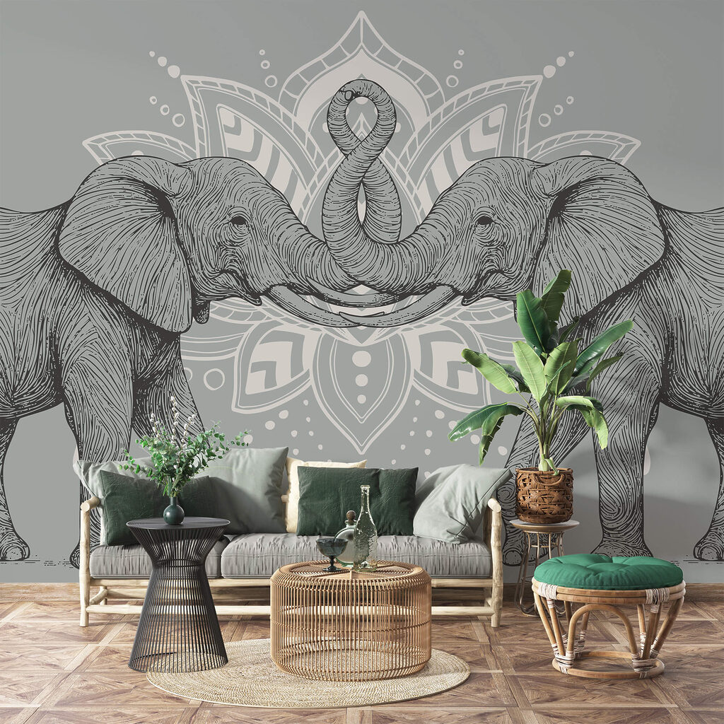Éléphants trompe contre trompe dans un intérieur