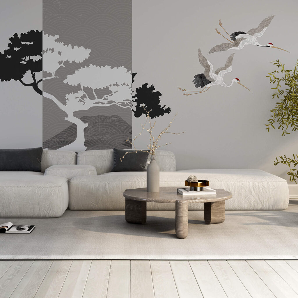 Grues près d’un arbre dans un intérieur