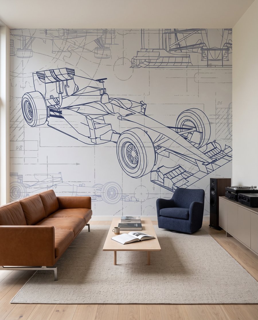 Bolide en dessin technique dans un intérieur