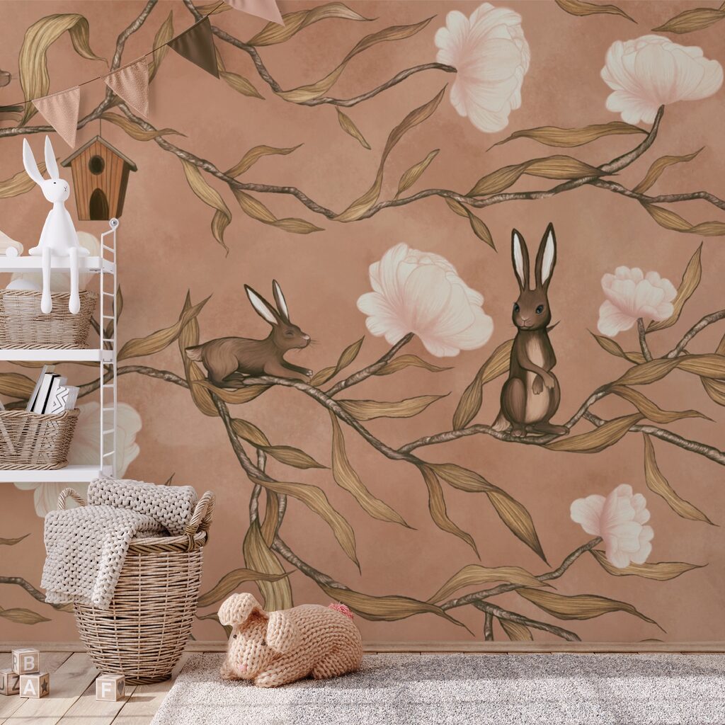 Lapins et branches fleuries dans un intérieur