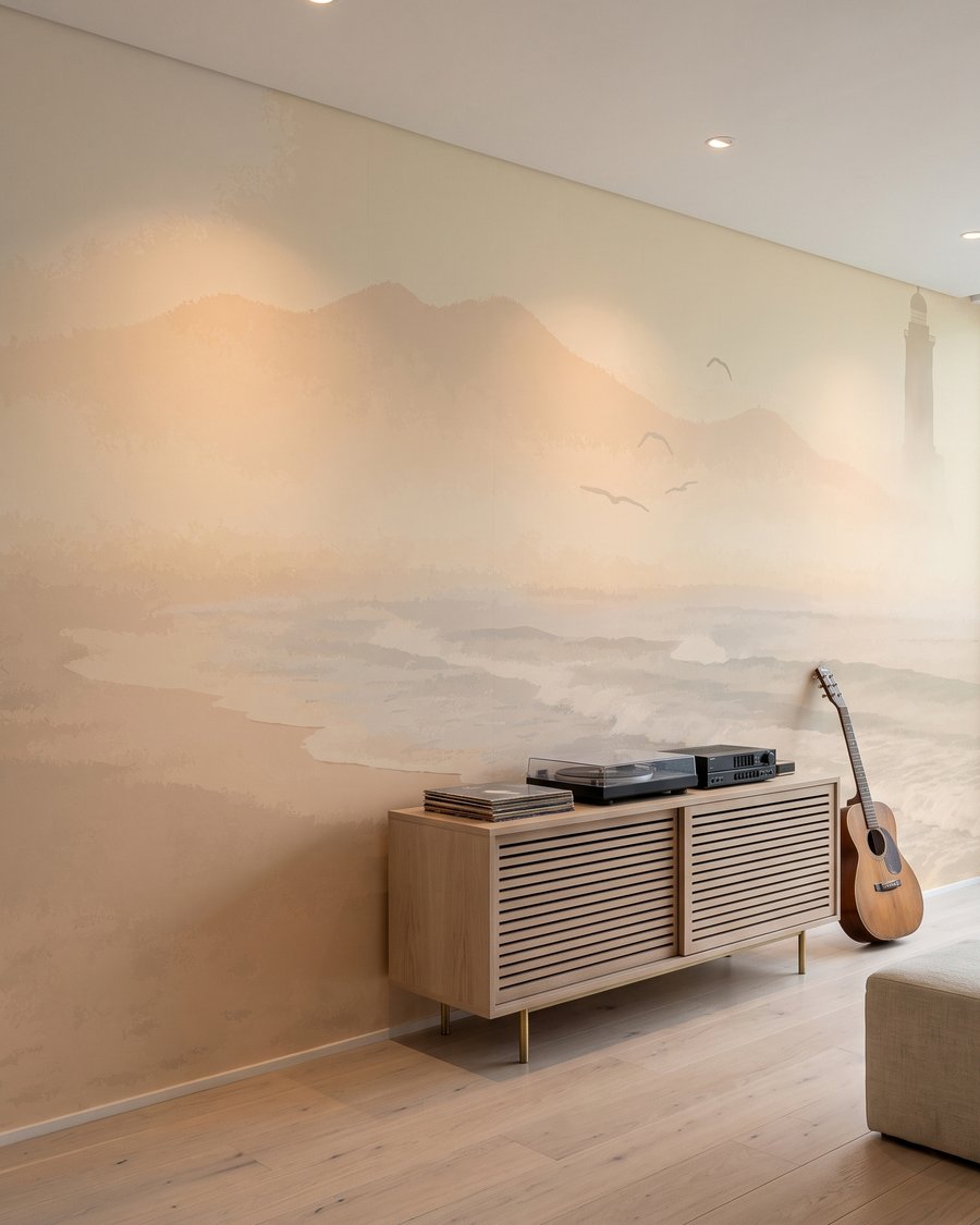 Phare et brume dorée dans un intérieur