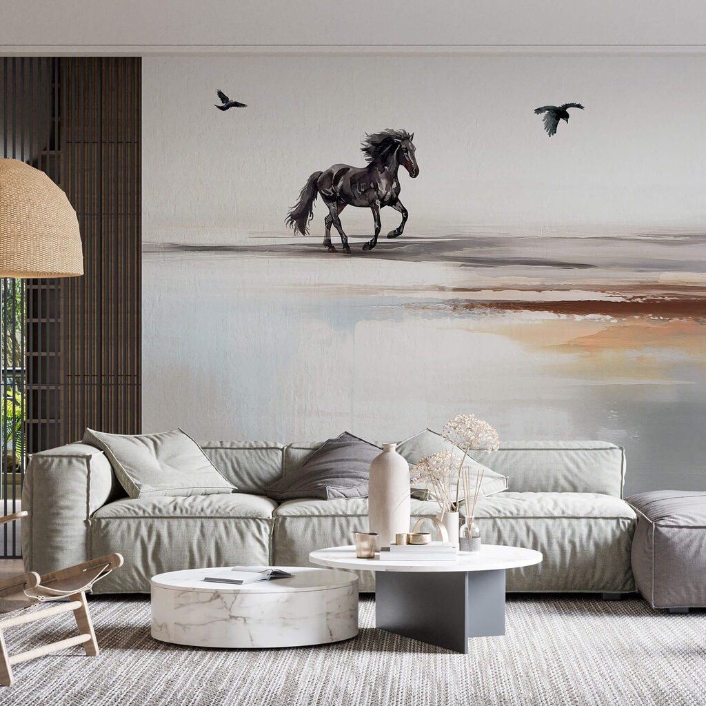 Cheval parmi les oiseaux dans un intérieur