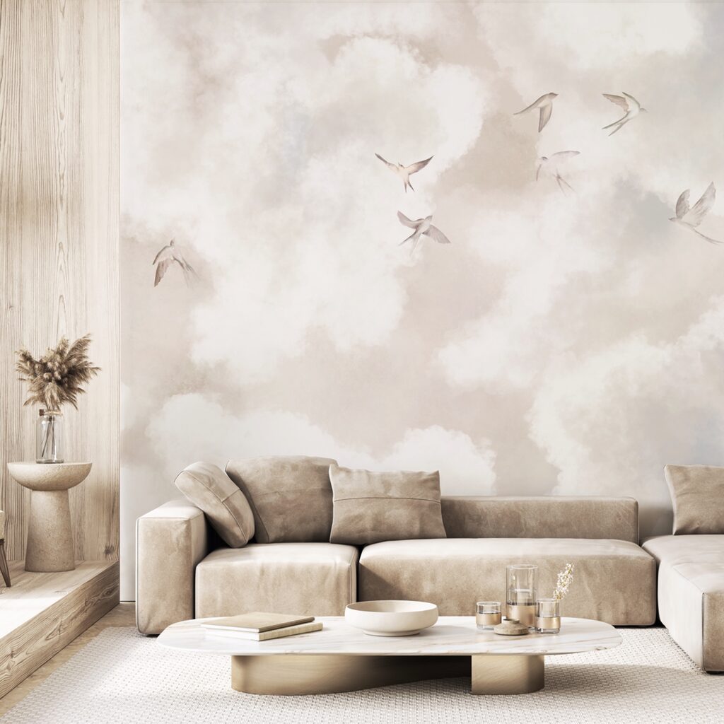 Oiseaux parmi les nuages dans un intérieur