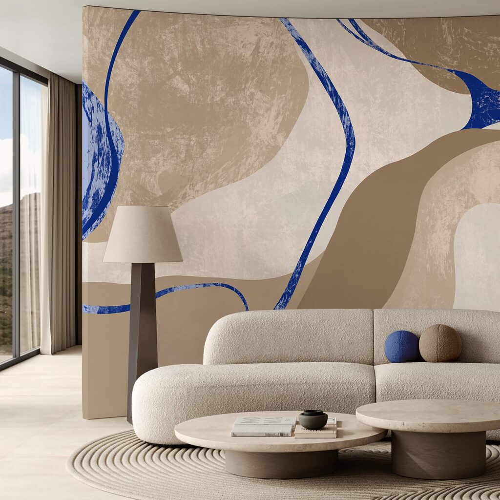 Lignes bleues, tons sable dans un intérieur