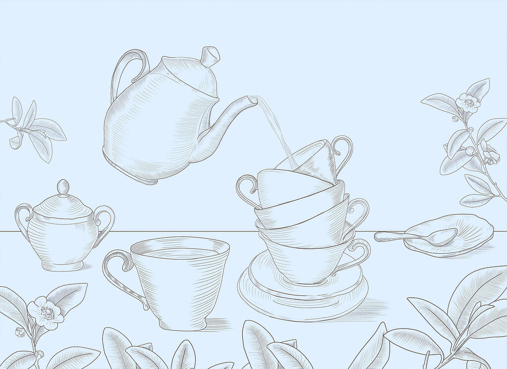 Théière et tasses empilées — motif complet