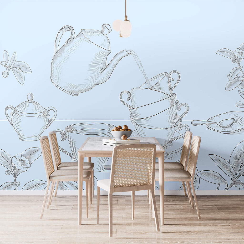 Théière et tasses empilées — intérieur 1