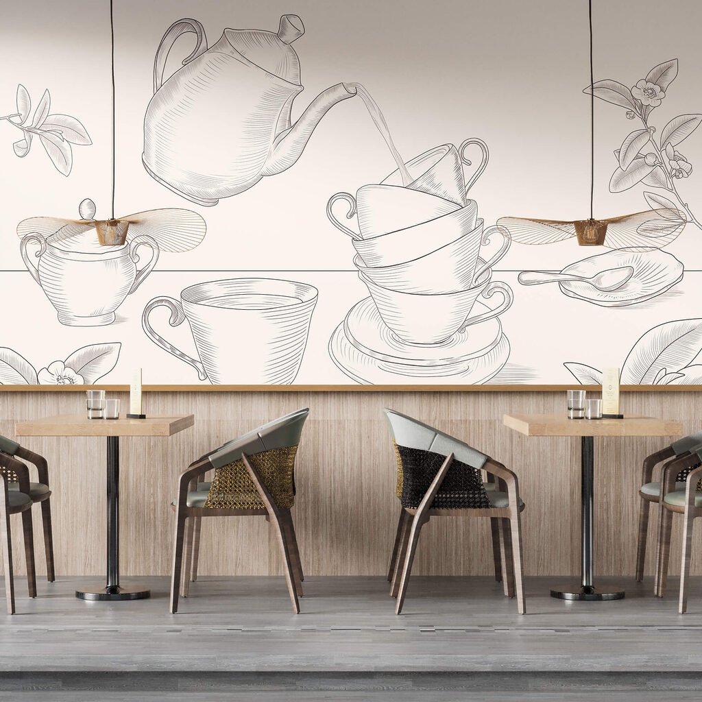 Théière et tasses empilées dans un intérieur
