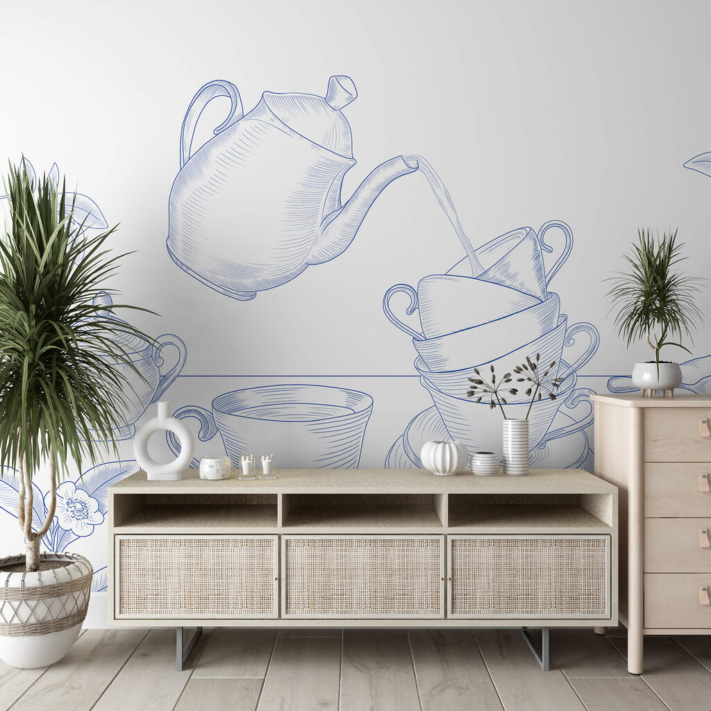 Théière et tasses empilées — intérieur 2