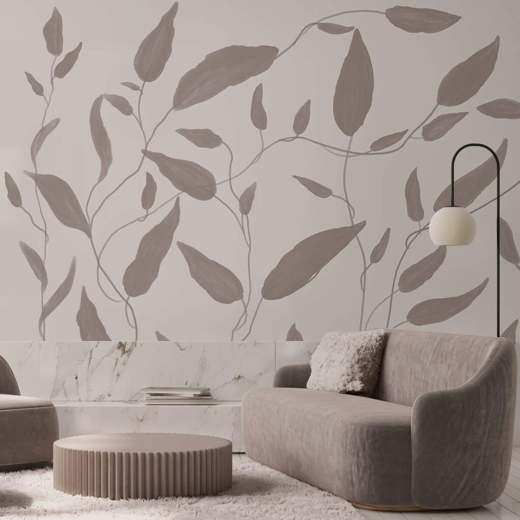 Feuilles sur tiges sinueuses dans un intérieur