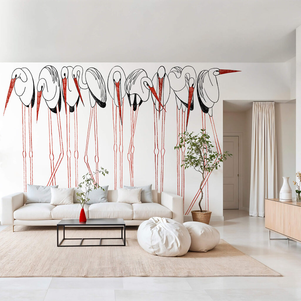 Oiseaux sur échasses rouges dans un intérieur