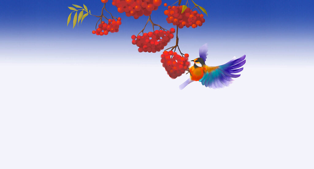 Oiseau et baies rouges — motif complet