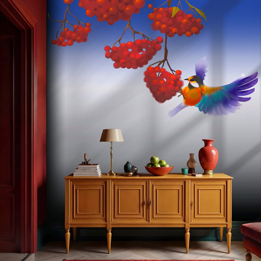 Oiseau et baies rouges — intérieur 2