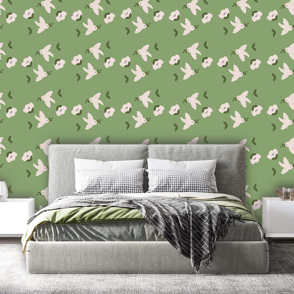 Oiseaux blancs sur vert — intérieur 1
