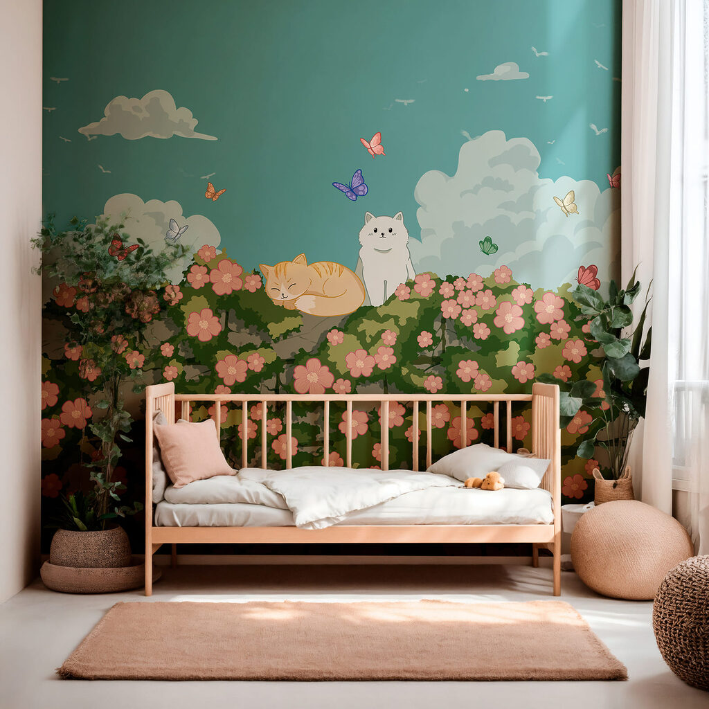 Personnages au jardin fleuri dans un intérieur