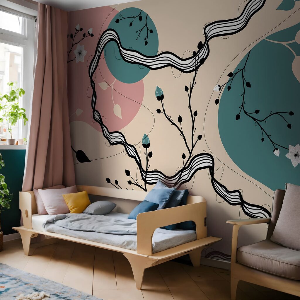 Fleurs et lignes sinueuses dans un intérieur