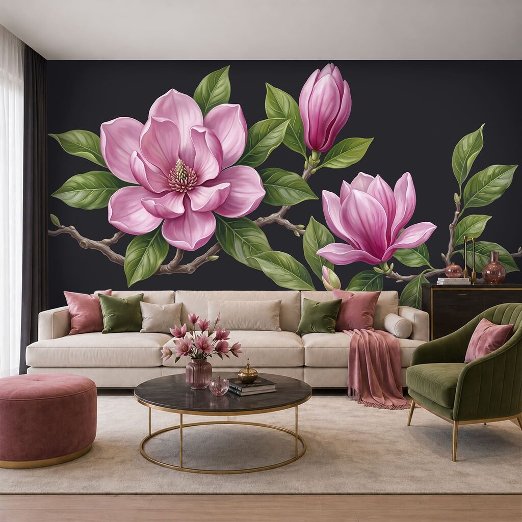 Grandes fleurs roses dans un intérieur