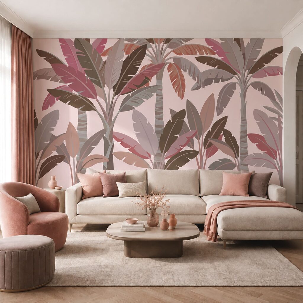 Feuilles tropicales en aplats dans un intérieur