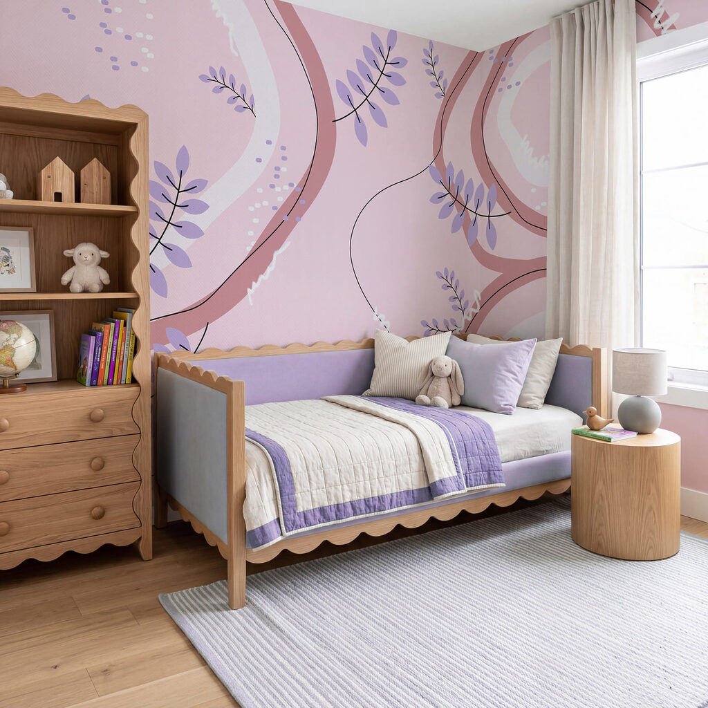 Feuillage et boucles peintes dans un intérieur