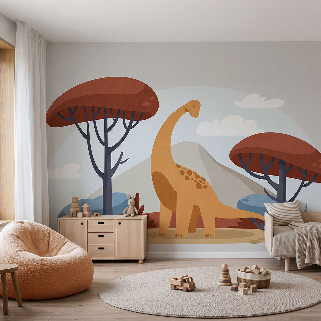 Dinosaure entre deux arbres dans un intérieur