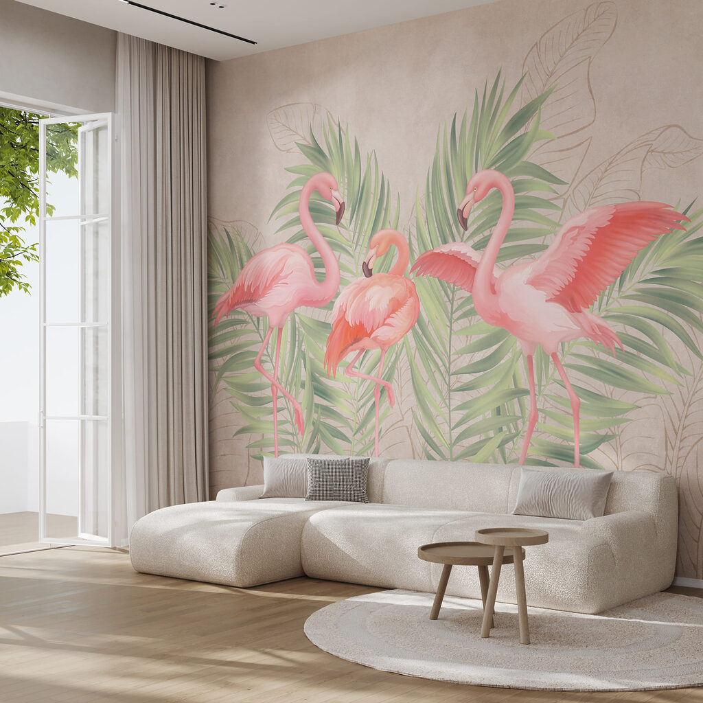 Trois flamants roses dans un intérieur