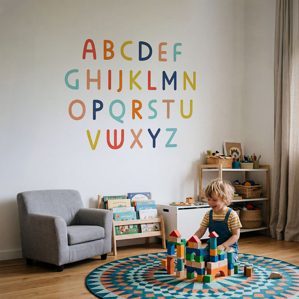 Alphabet aux couleurs gaies dans un intérieur
